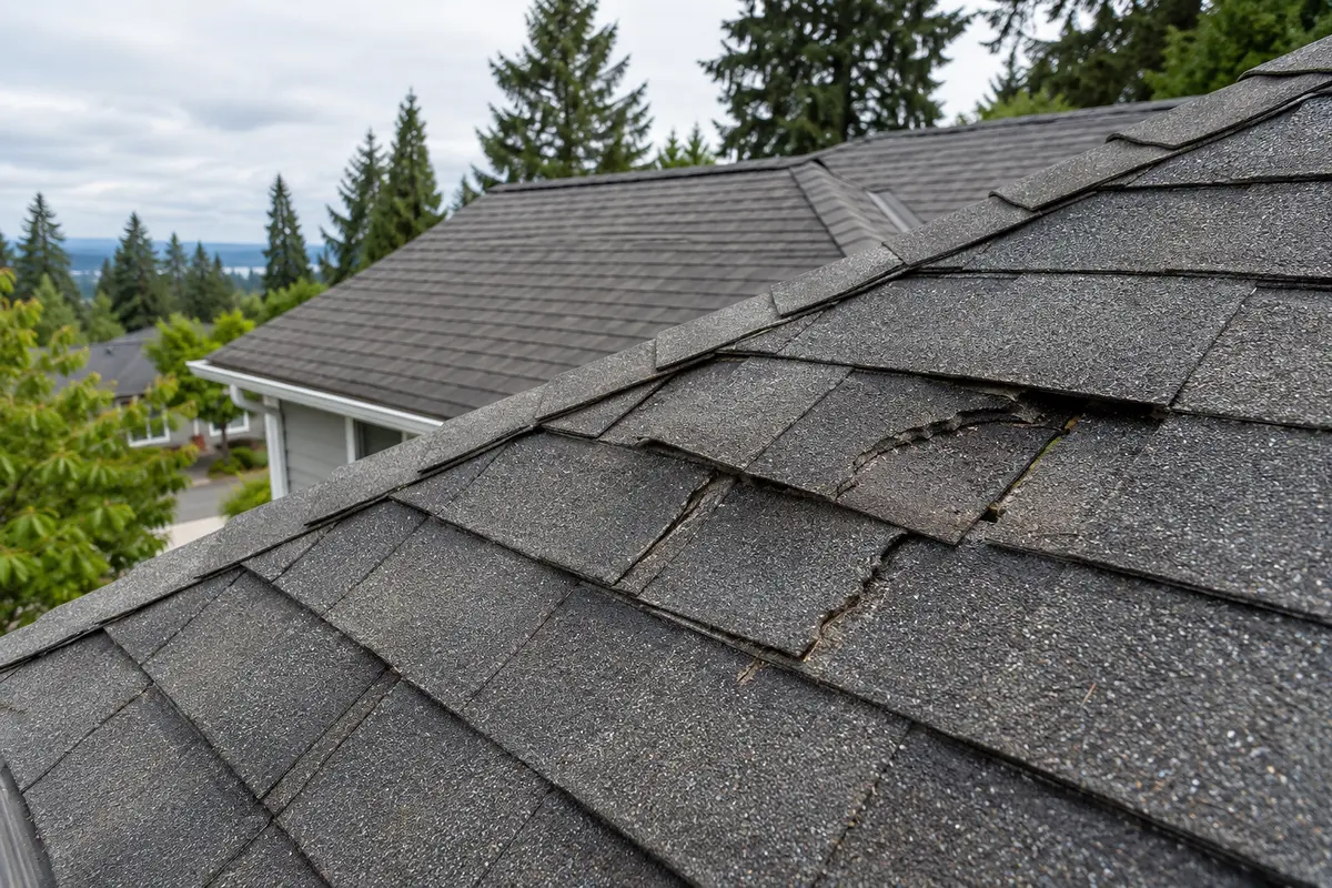 Cracked and worn asphalt shingles along the ridge of a Northwest roof, with evergreen trees beyond