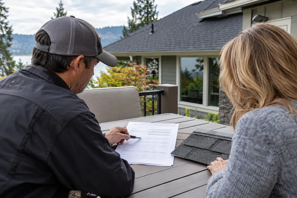 Roofing contractor going over a written estimate with a homeowner at an outdoor table, with a shingle sample beside the paperwork
