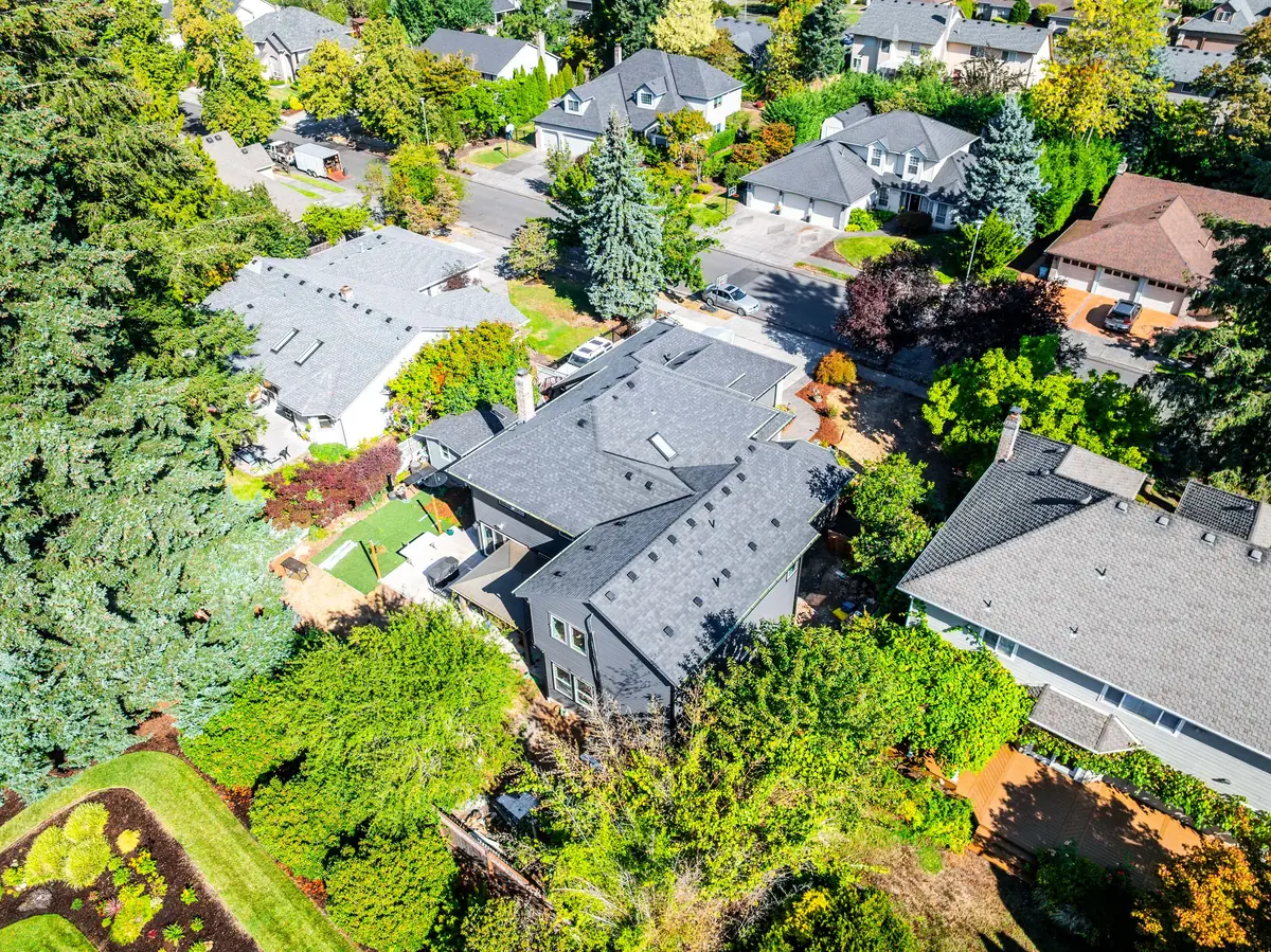 Aerial view of the back of a home with a new roof and skylights among tall evergreen trees