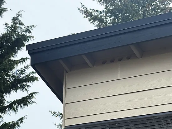 New dark painted fascia and bargeboard along the roof edge of a home with tan siding