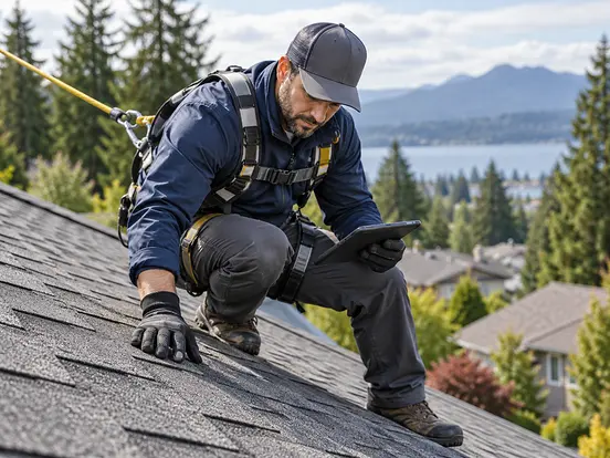 Roofing inspector in a safety harness checking shingle condition with a tablet