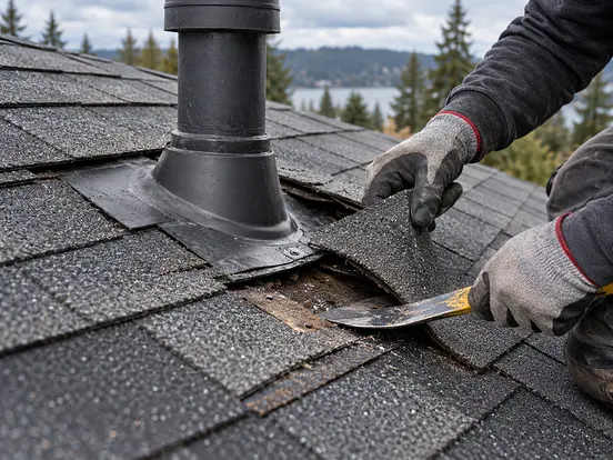 Roofer in work gloves lifting a damaged shingle beside a pipe vent flashing during a roof repair