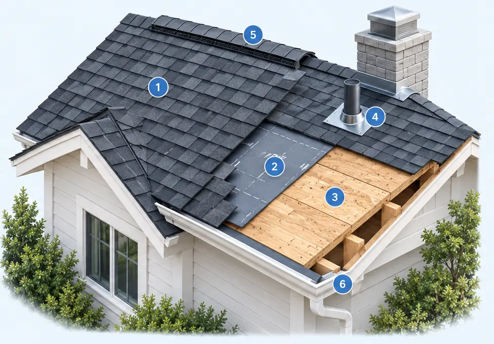 Cutaway of a house roof showing its layers: architectural shingles, underlayment, wood decking, flashing and pipe boots, ridge ventilation, and gutters