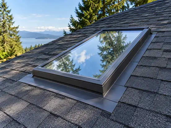Skylight with new metal flashing set into a charcoal shingle roof, with evergreen trees and water beyond