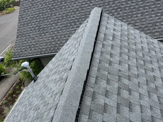 New ridge vent running along the peak of a gray shingle roof