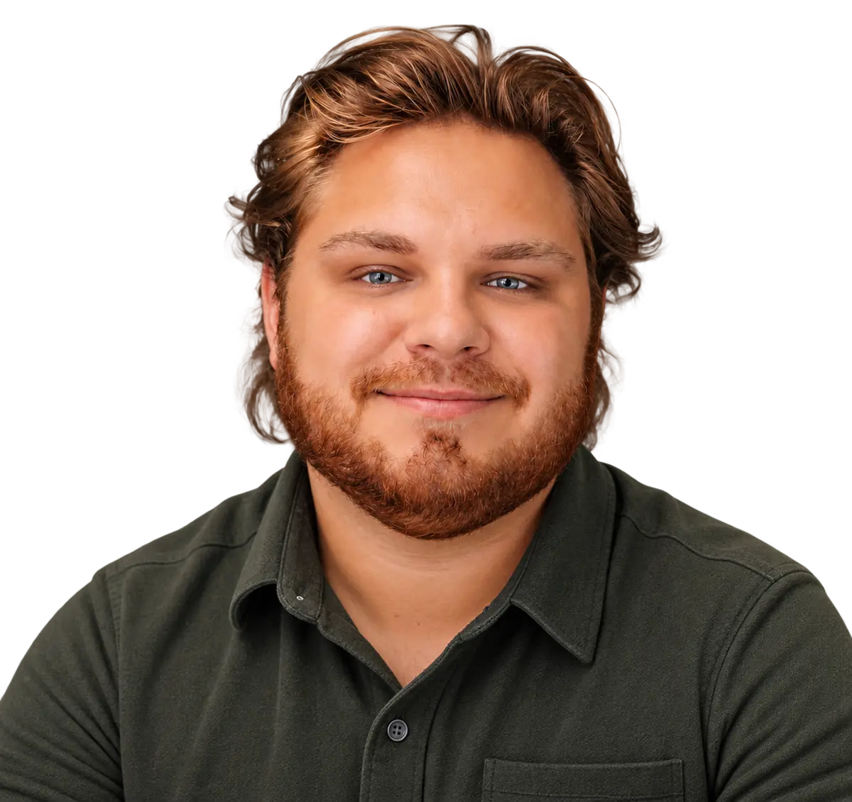 D. Nikolaychuk of Big Bear Exteriors, smiling, in a dark green button-up shirt
